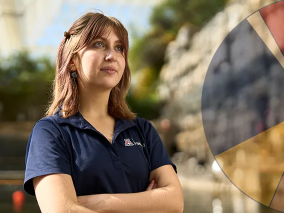 Woman in University of Arizona shirt looking up with an outline of a pie chart to the right of the image.